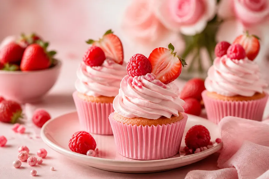 Prémiové ružové cupcakes s vysokým jemným krémom, ozdobené malinami a jahodami, romantická cukrárenská fotografia v pastelových ružových farbách