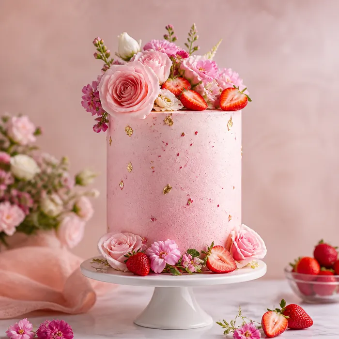 Elegantná vysoká ružová torta s jahodami a čerstvými kvetmi, profesionálne cukrárenské produktové foto