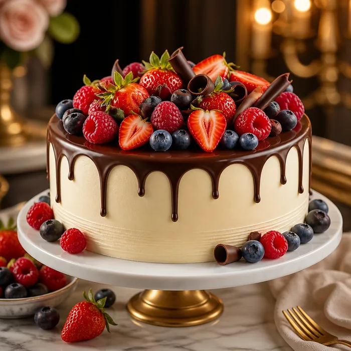 Luxusná krémová torta s čokoládovou polevou, jahodami, malinami a čučoriedkami